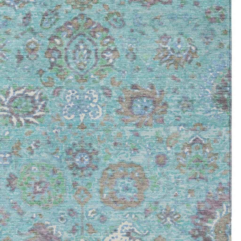 9' X 12' Teal Blue Taupe And Ivory Floral Washable Indoor Outdoor Area Rug
