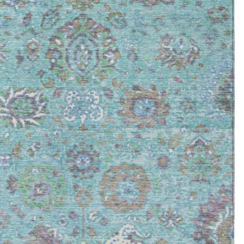 9' X 12' Teal Blue Taupe And Ivory Floral Washable Indoor Outdoor Area Rug