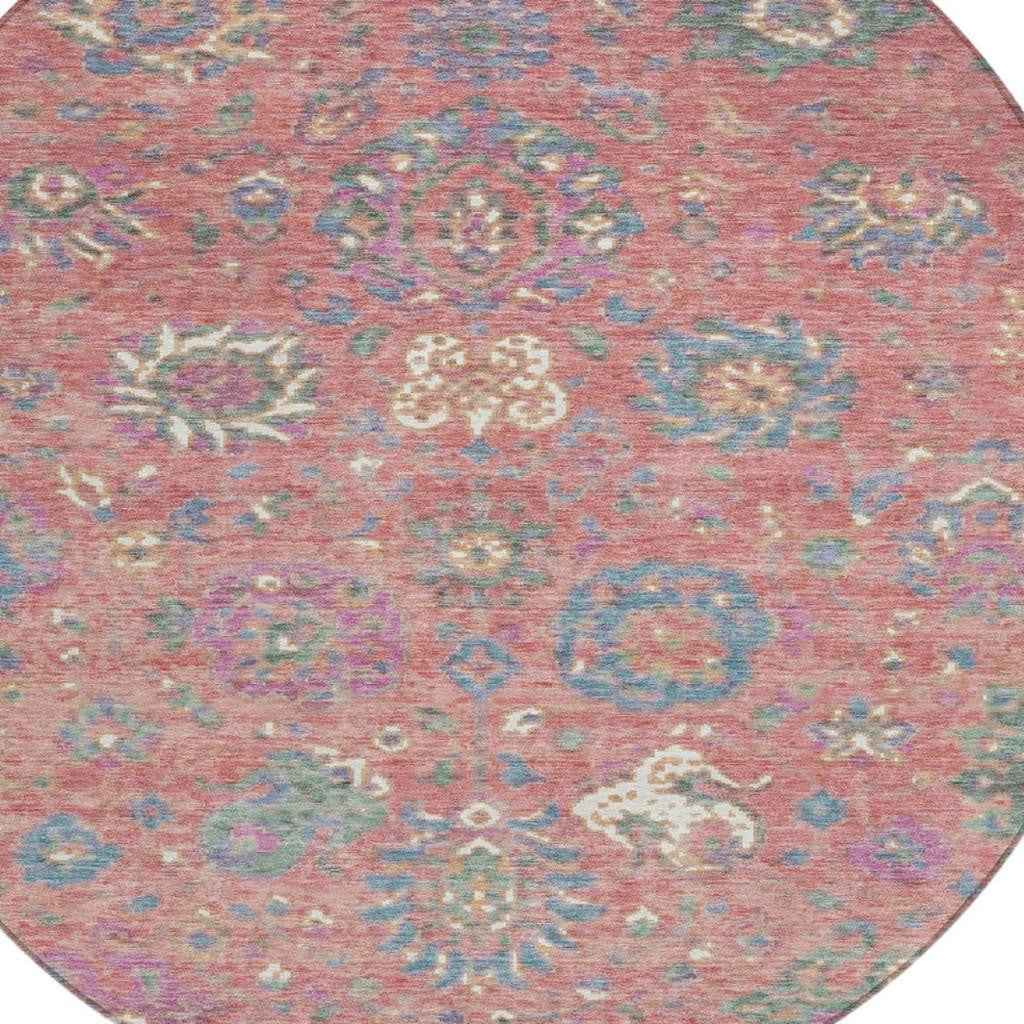 8' Coral Plum And Blue Round Floral Washable Indoor Outdoor Area Rug