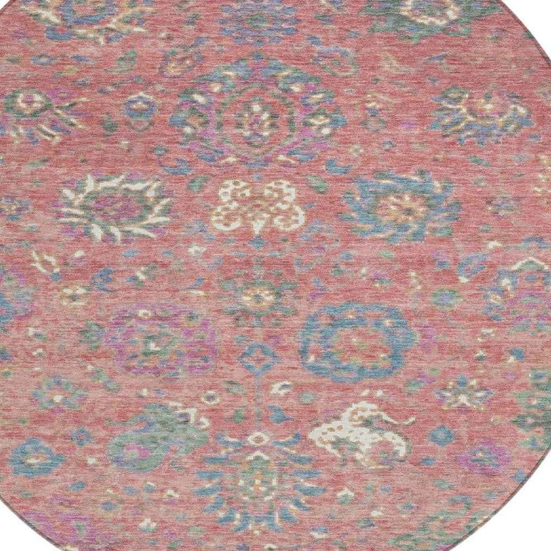 8' Coral Plum And Blue Round Floral Washable Indoor Outdoor Area Rug