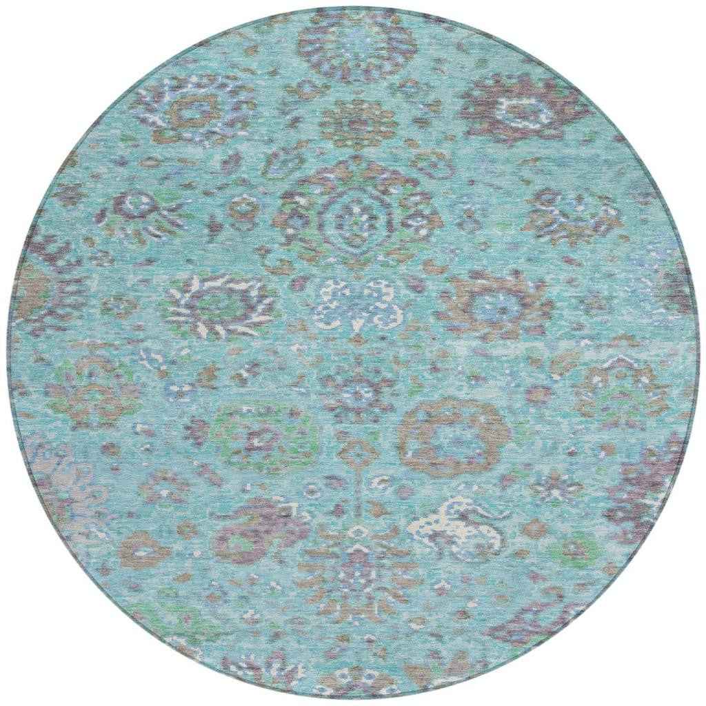 8' Teal Blue Taupe And Ivory Round Floral Washable Indoor Outdoor Area Rug
