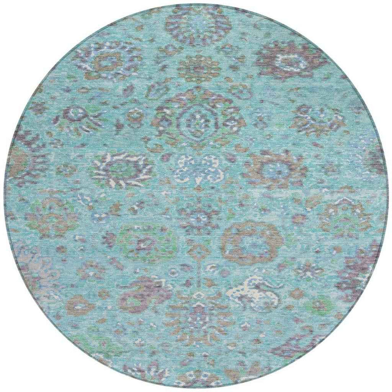 8' Teal Blue Taupe And Ivory Round Floral Washable Indoor Outdoor Area Rug