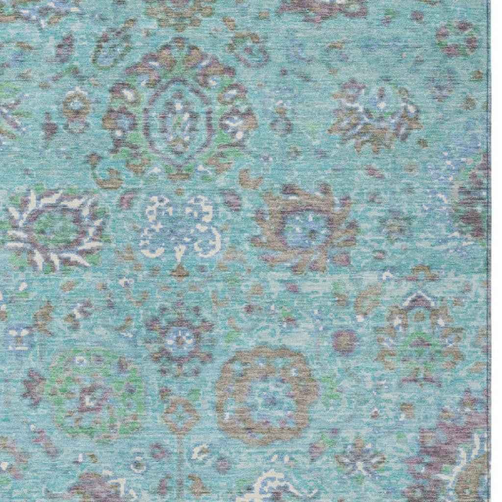 10' X 14' Teal Blue Taupe And Ivory Floral Washable Indoor Outdoor Area Rug