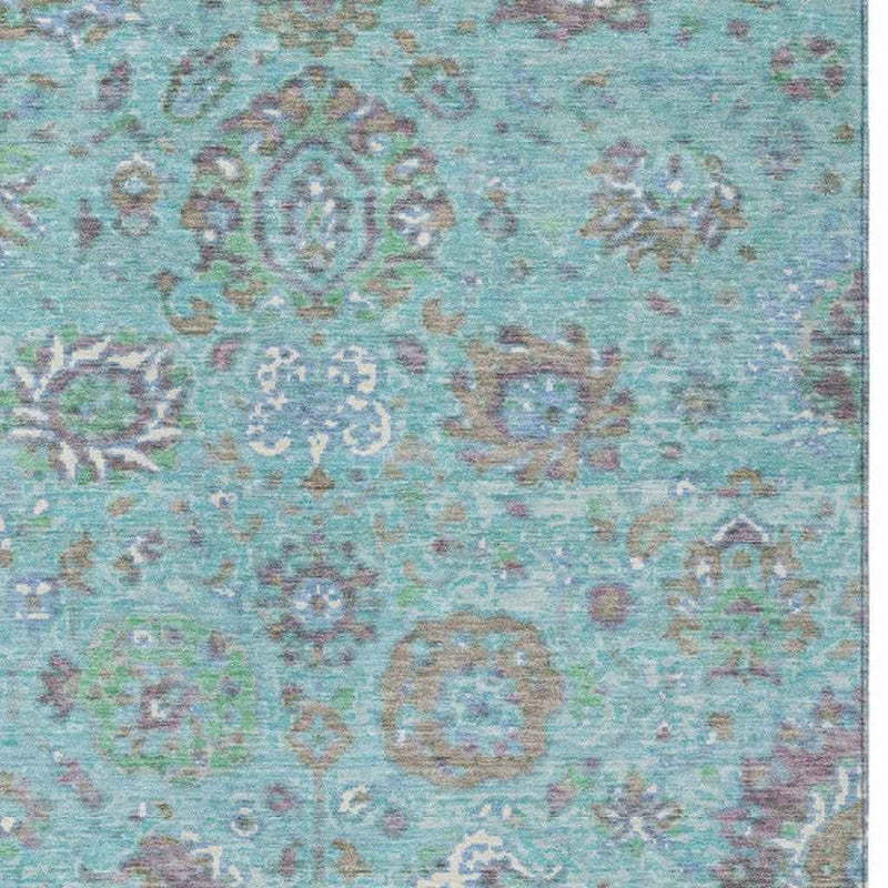 10' X 14' Teal Blue Taupe And Ivory Floral Washable Indoor Outdoor Area Rug