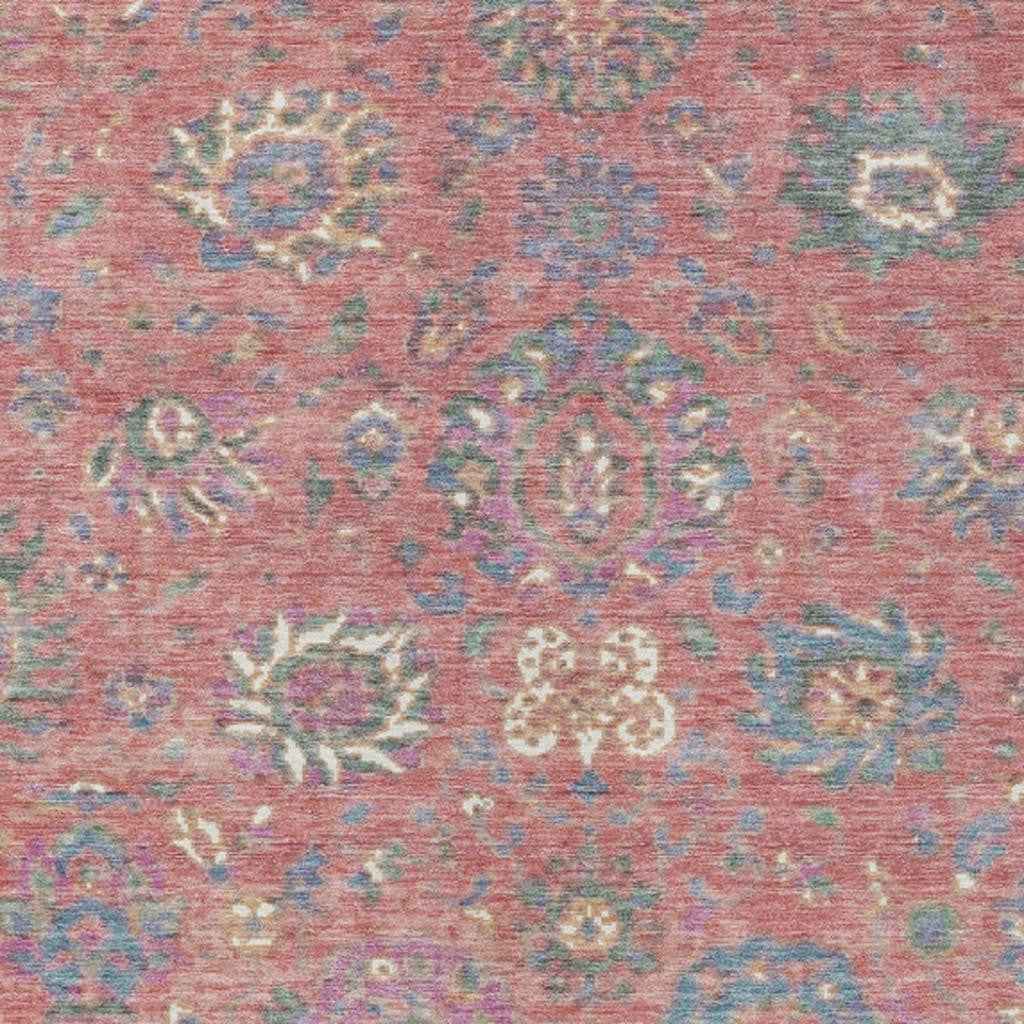 8' X 10' Coral Plum And Blue Floral Washable Indoor Outdoor Area Rug