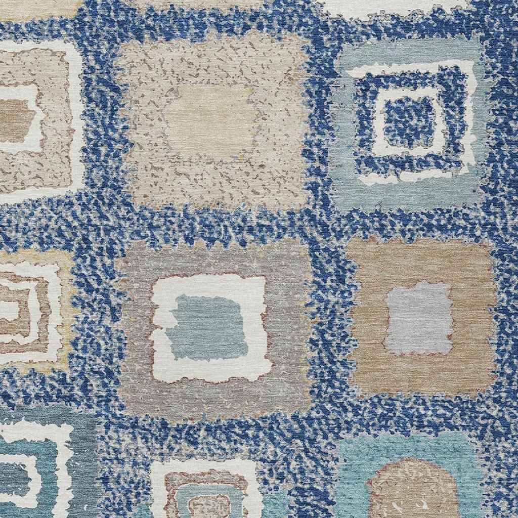 3' X 5' Navy Blue Beige And Ivory Geometric Washable Indoor Outdoor Area Rug