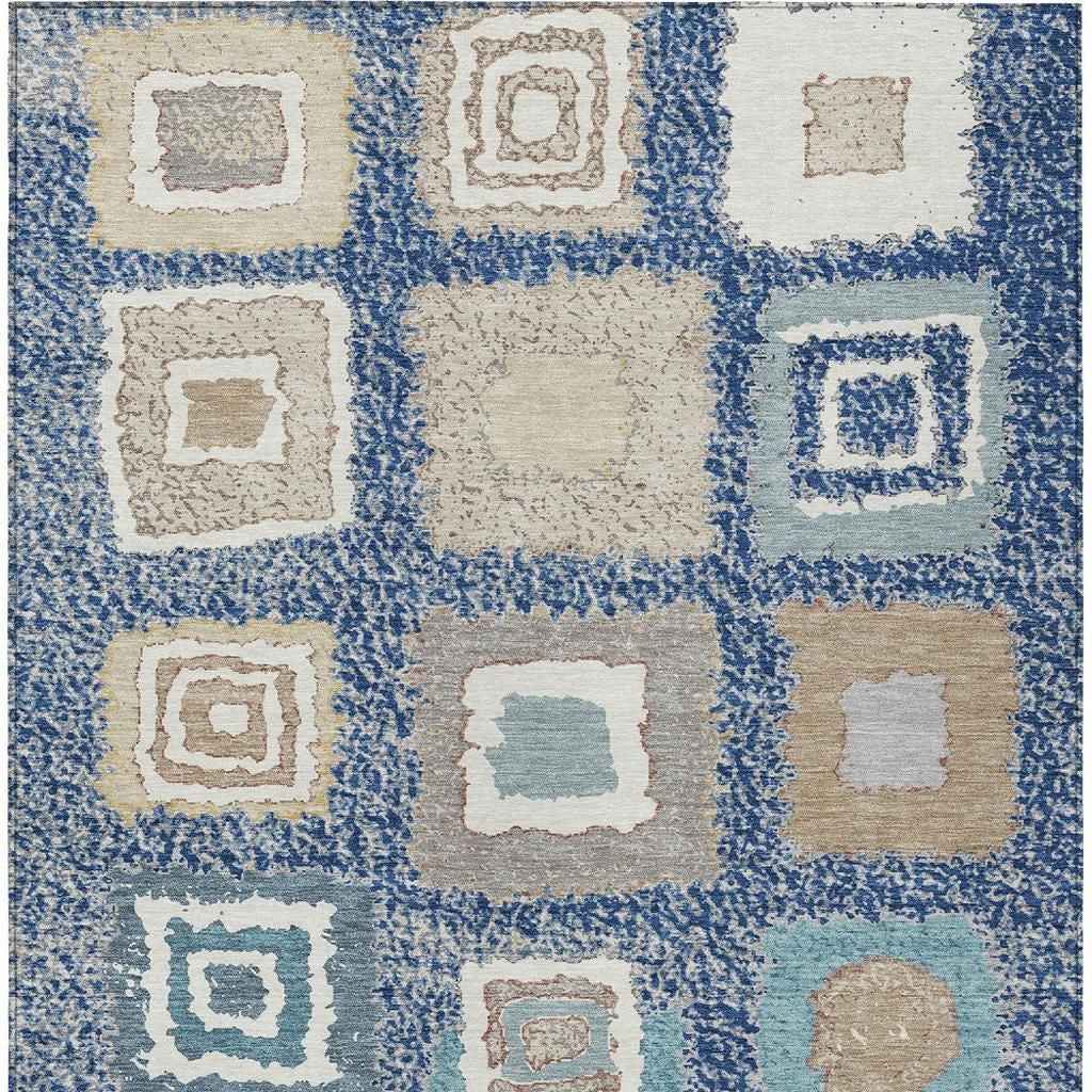 3' X 5' Navy Blue Beige And Ivory Geometric Washable Indoor Outdoor Area Rug