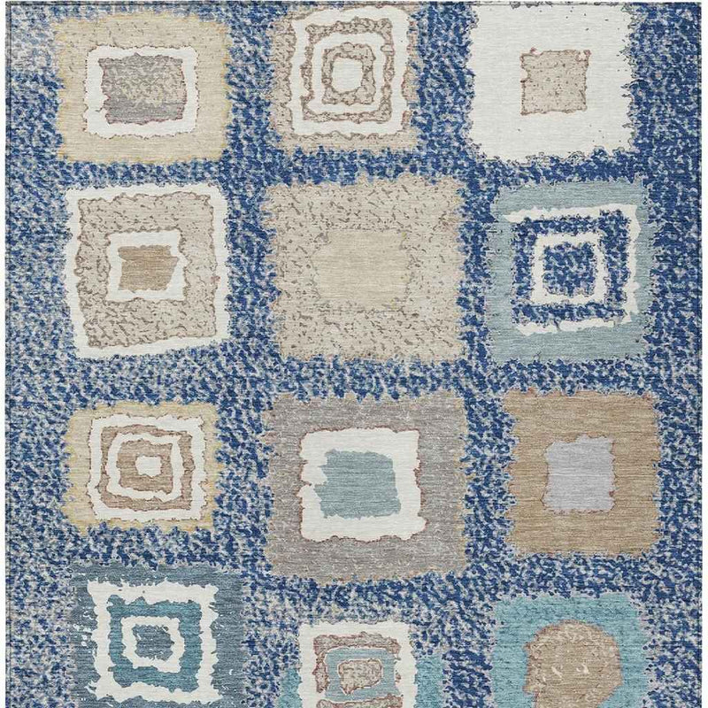 3' X 5' Navy Blue Beige And Ivory Geometric Washable Indoor Outdoor Area Rug