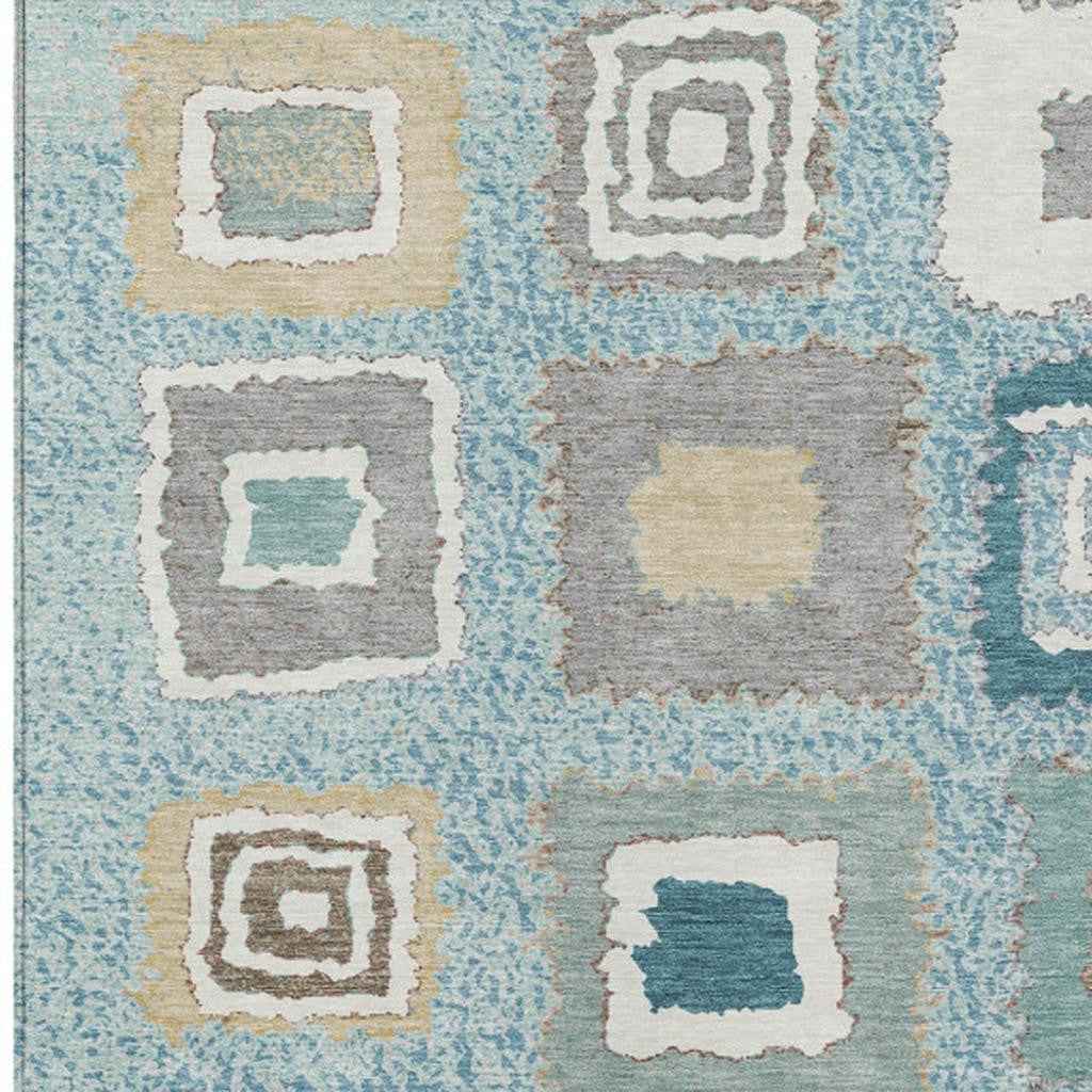 10' X 14' Teal Blue Beige And Ivory Geometric Washable Indoor Outdoor Area Rug