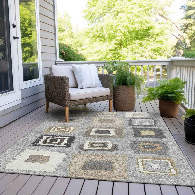 3' X 5' Gray Charcoal And Beige Geometric Washable Indoor Outdoor Area Rug