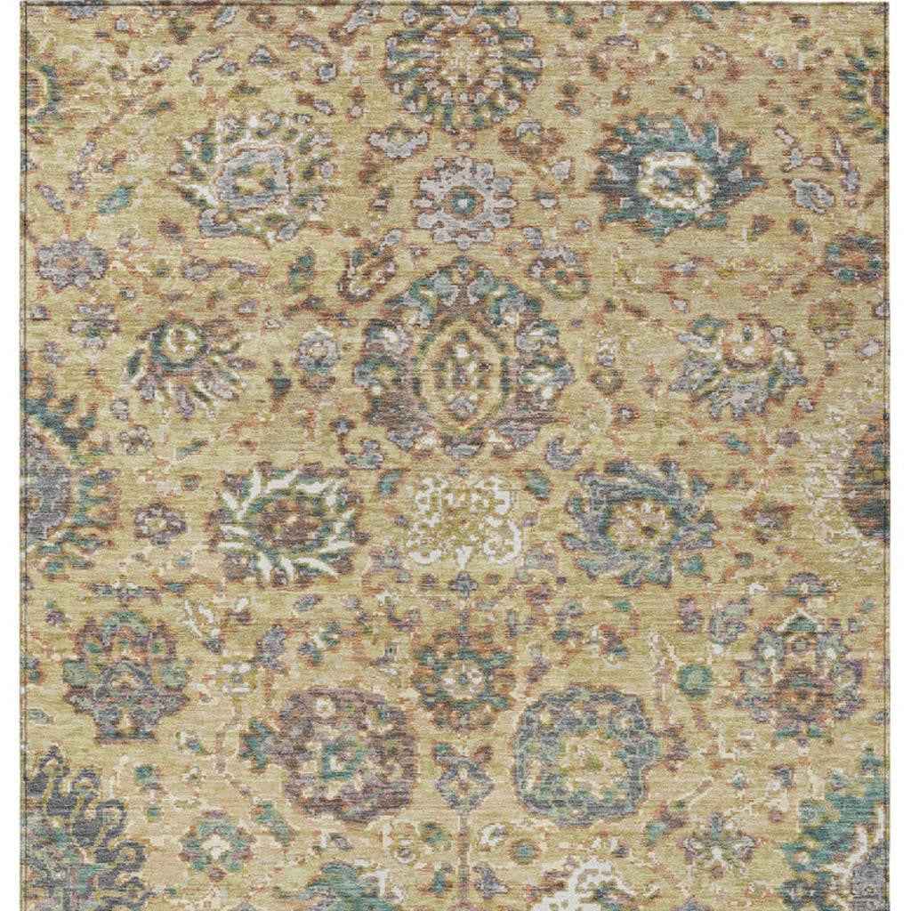 5' X 8' Gold Beige And Pale Aqua Floral Washable Indoor Outdoor Area Rug