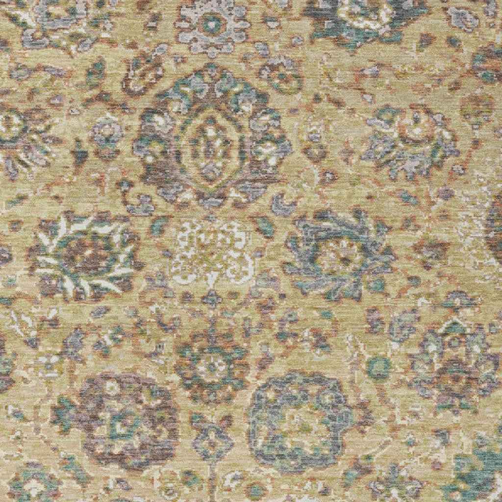 5' X 8' Gold Beige And Pale Aqua Floral Washable Indoor Outdoor Area Rug