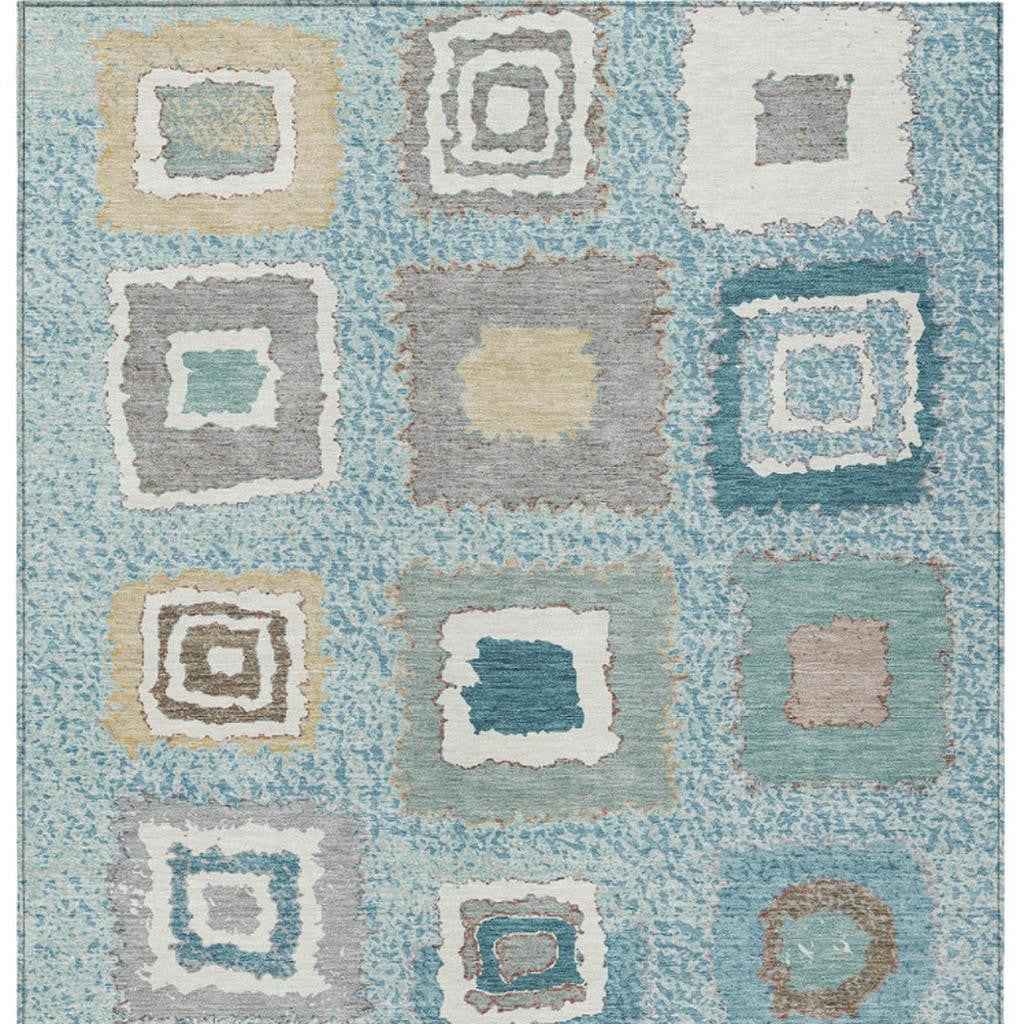 8' X 10' Teal Blue Beige And Ivory Geometric Washable Indoor Outdoor Area Rug