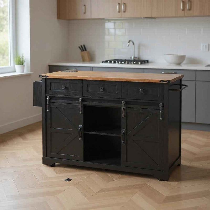 54" Black Wood Rolling Kitchen Island