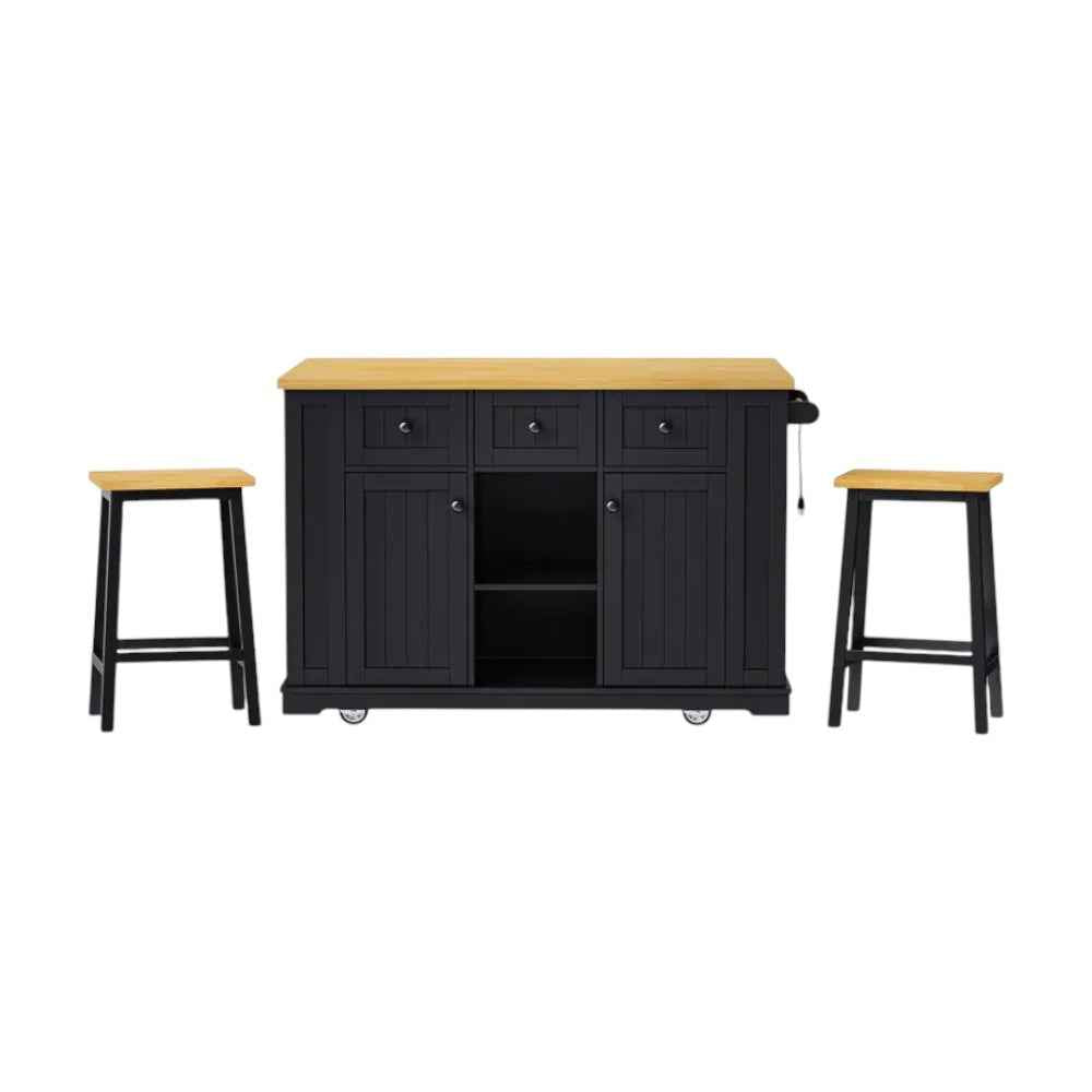 53" Black Wood Rolling Kitchen Island Set With Storage