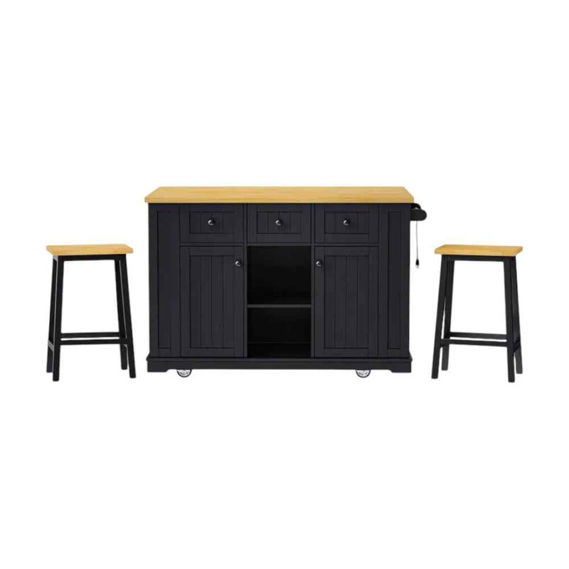 53" Black Wood Rolling Kitchen Island Set With Storage