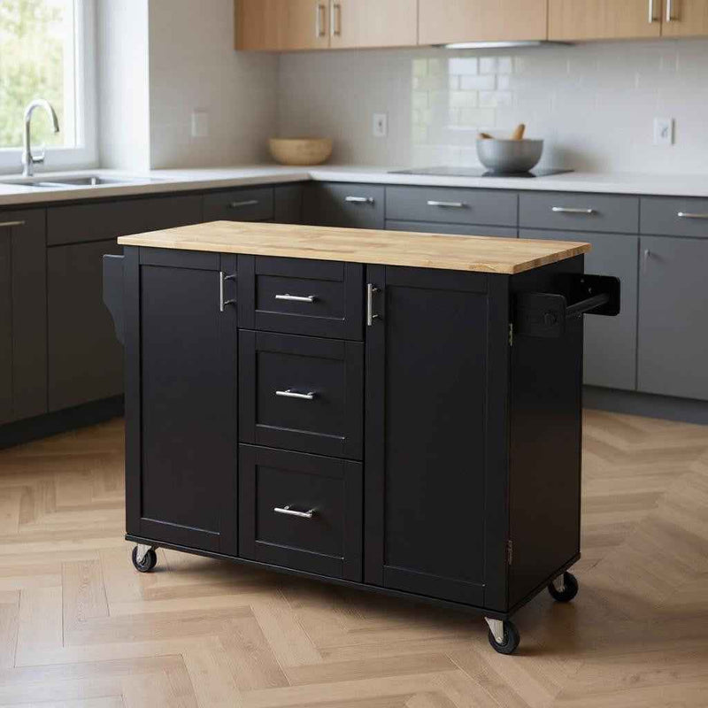 50" Black Wood Rolling Kitchen Island