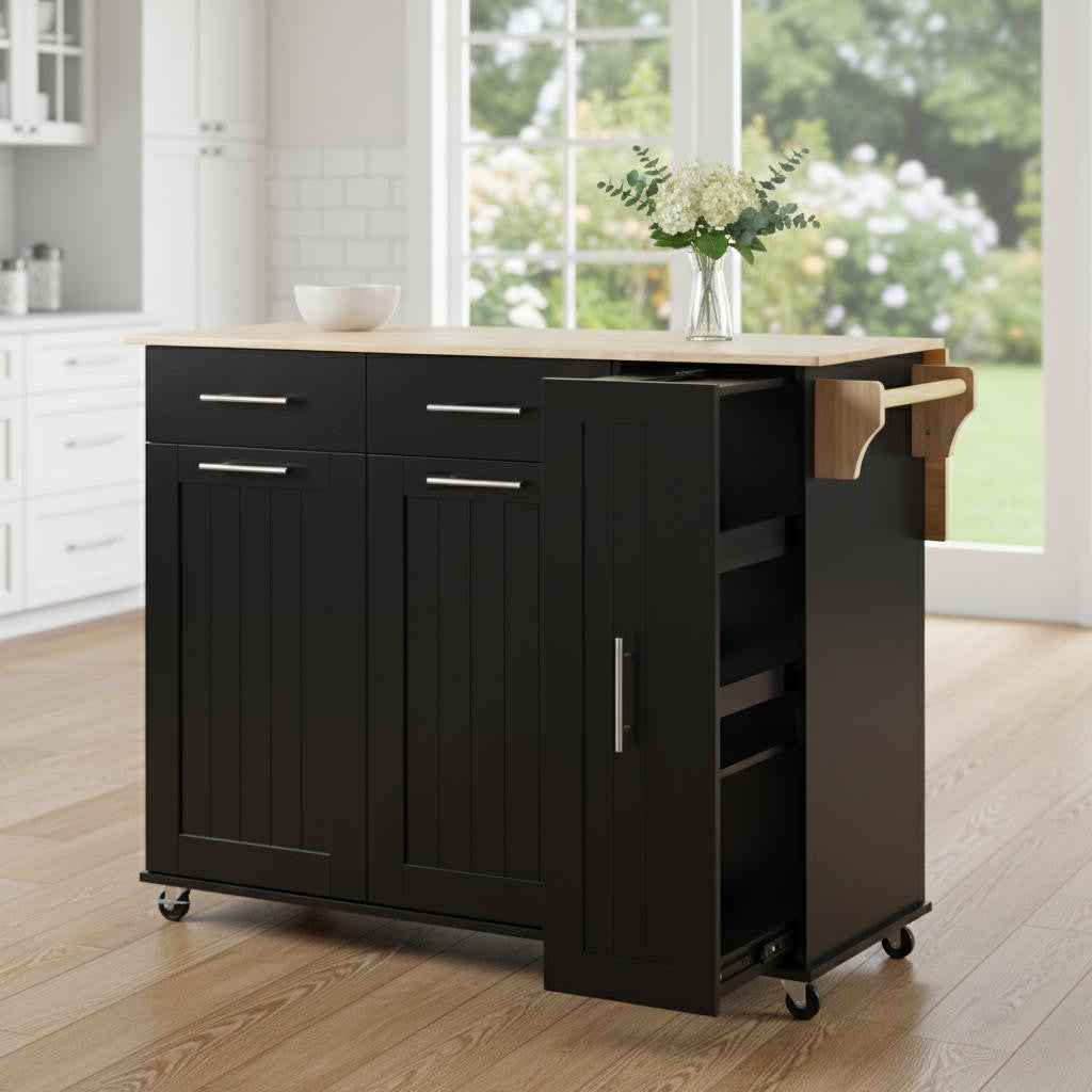 46" Black Wood Rolling Kitchen Island With Storage
