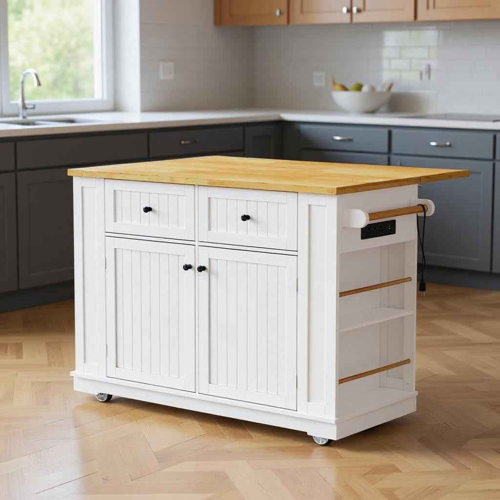 48" White Wood Rolling Kitchen Island With Storage