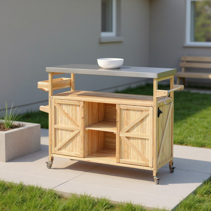 50" Natural Wood Rolling Kitchen Island With Storage - GreatEagleInc