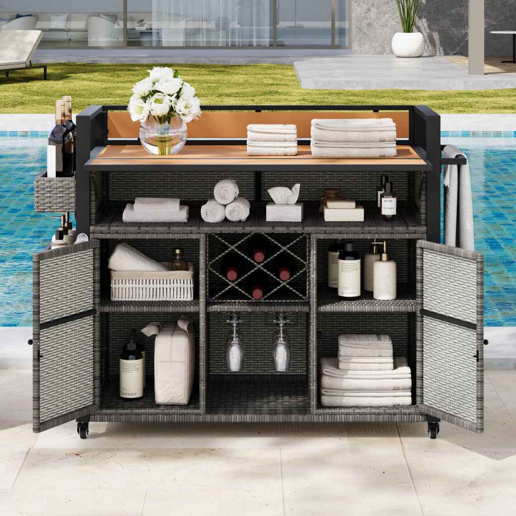 53" Gray Wood and Metal Rolling Kitchen Island With Storage