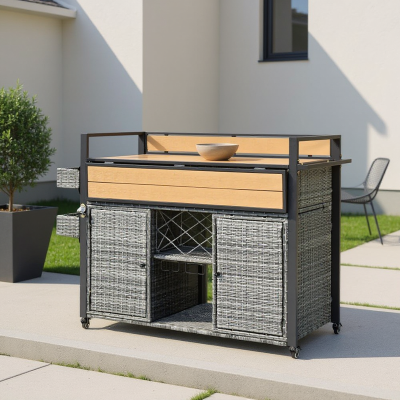 53" Gray Wood and Metal Rolling Kitchen Island With Storage - GreatEagleInc