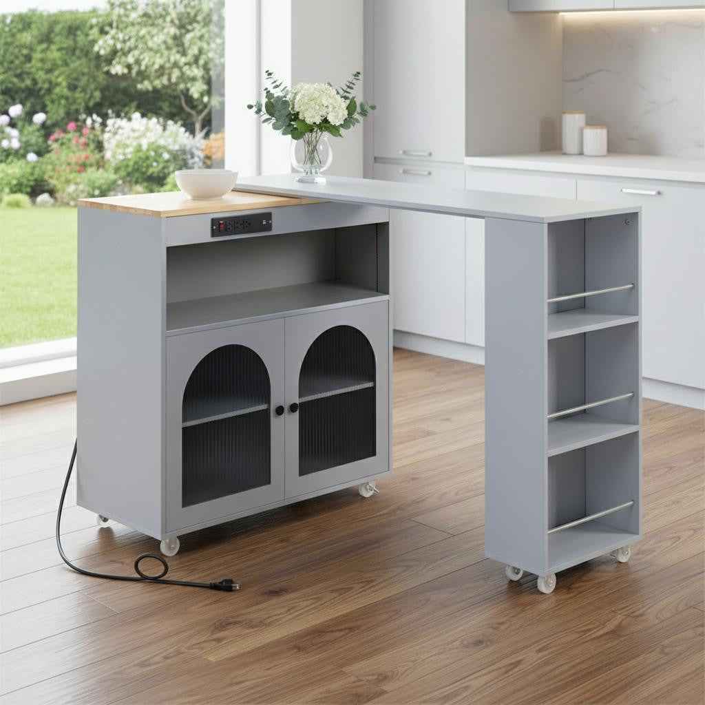 33" Gray Wood Rolling Kitchen Island With Storage