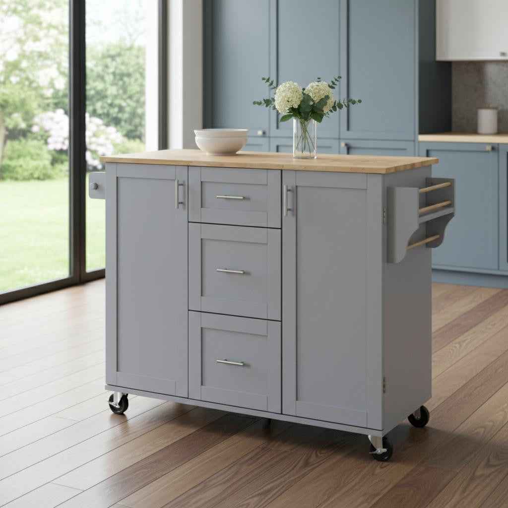 50" Gray Wood Rolling Kitchen Island