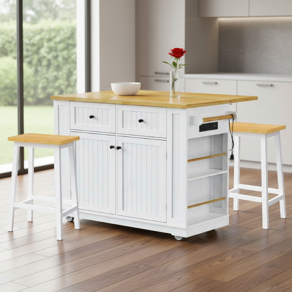45" White Wood Rolling Kitchen Island Set With Storage - GreatEagleInc