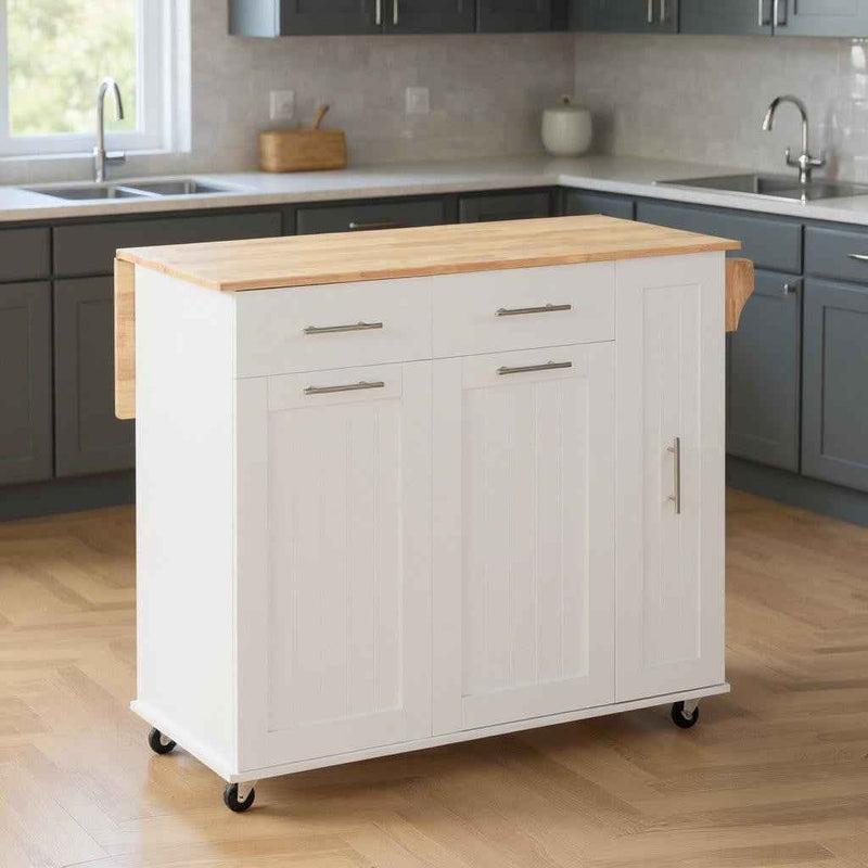 46" White Wood Rolling Kitchen Island With Storage