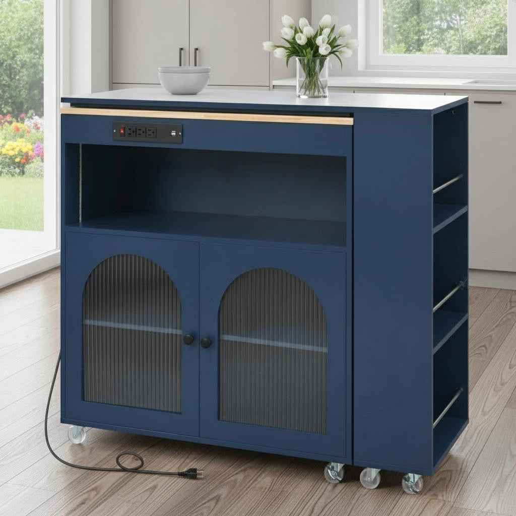 33" Navy Blue Wood Rolling Kitchen Island With Storage