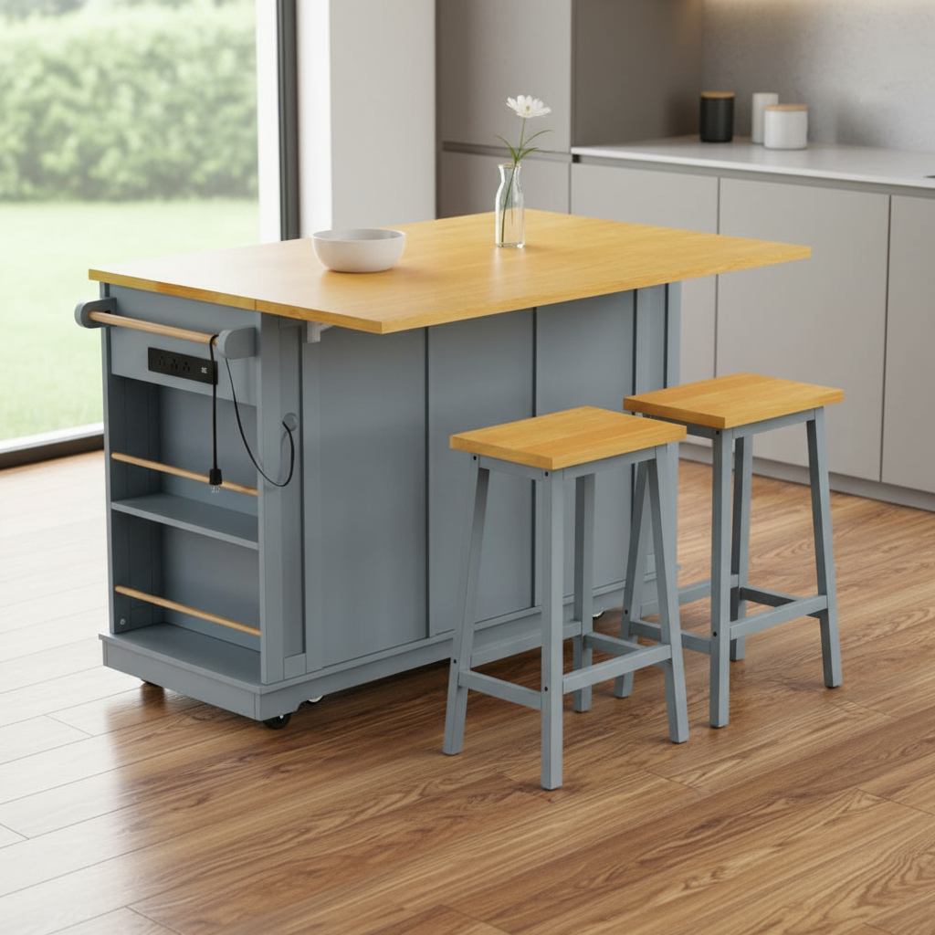 53" Light Blue Wood Rolling Kitchen Island Set With Storage - GreatEagleInc