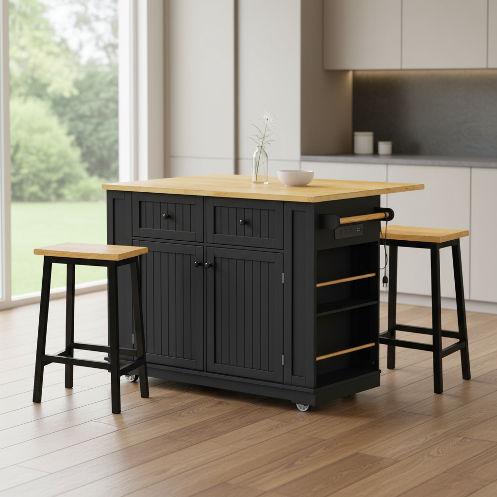 45" Black Wood Rolling Kitchen Island Set With Storage - GreatEagleInc