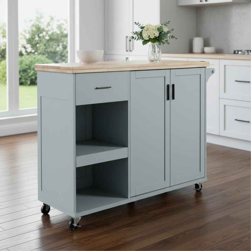 49" Light Blue Wood Rolling Kitchen Island With Storage