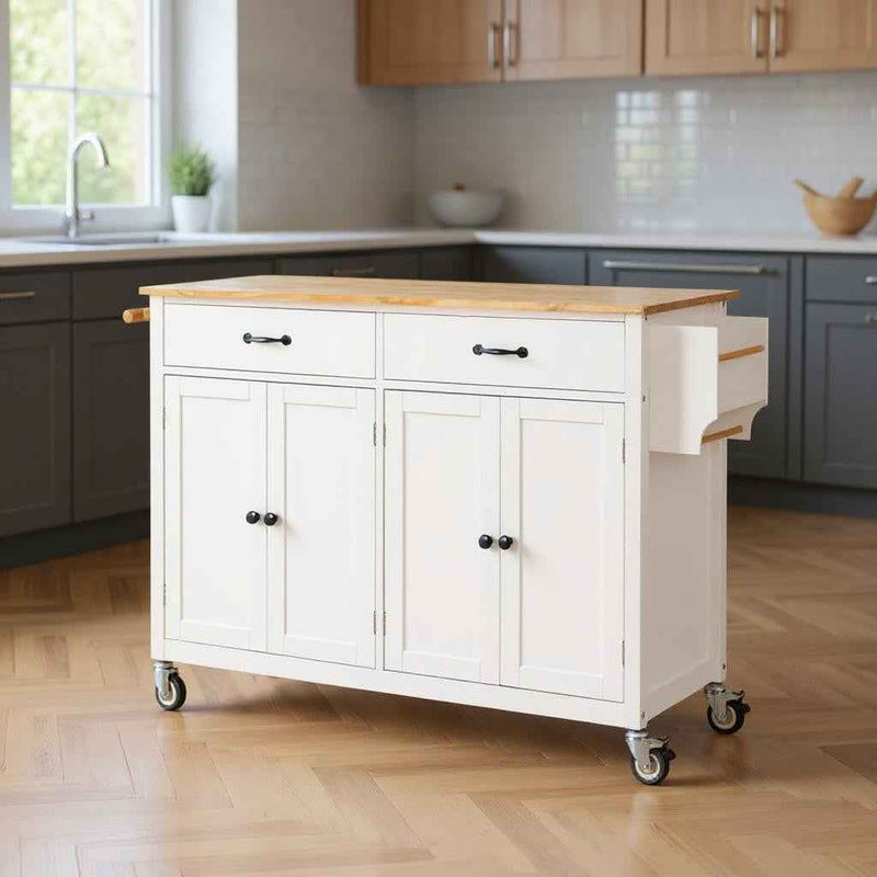 51" White Wood Rolling Kitchen Island