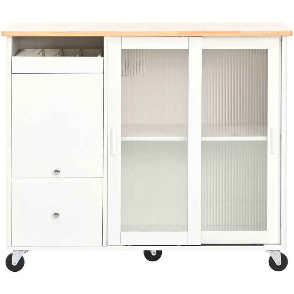 44" White Wood Rolling Kitchen Island With Storage