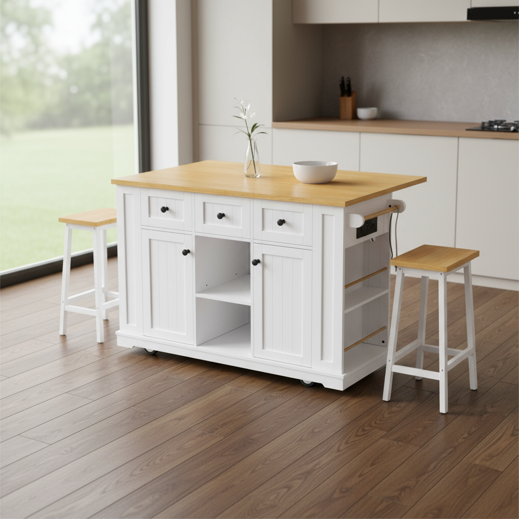 53" White Wood Rolling Kitchen Island Set With Storage - GreatEagleInc