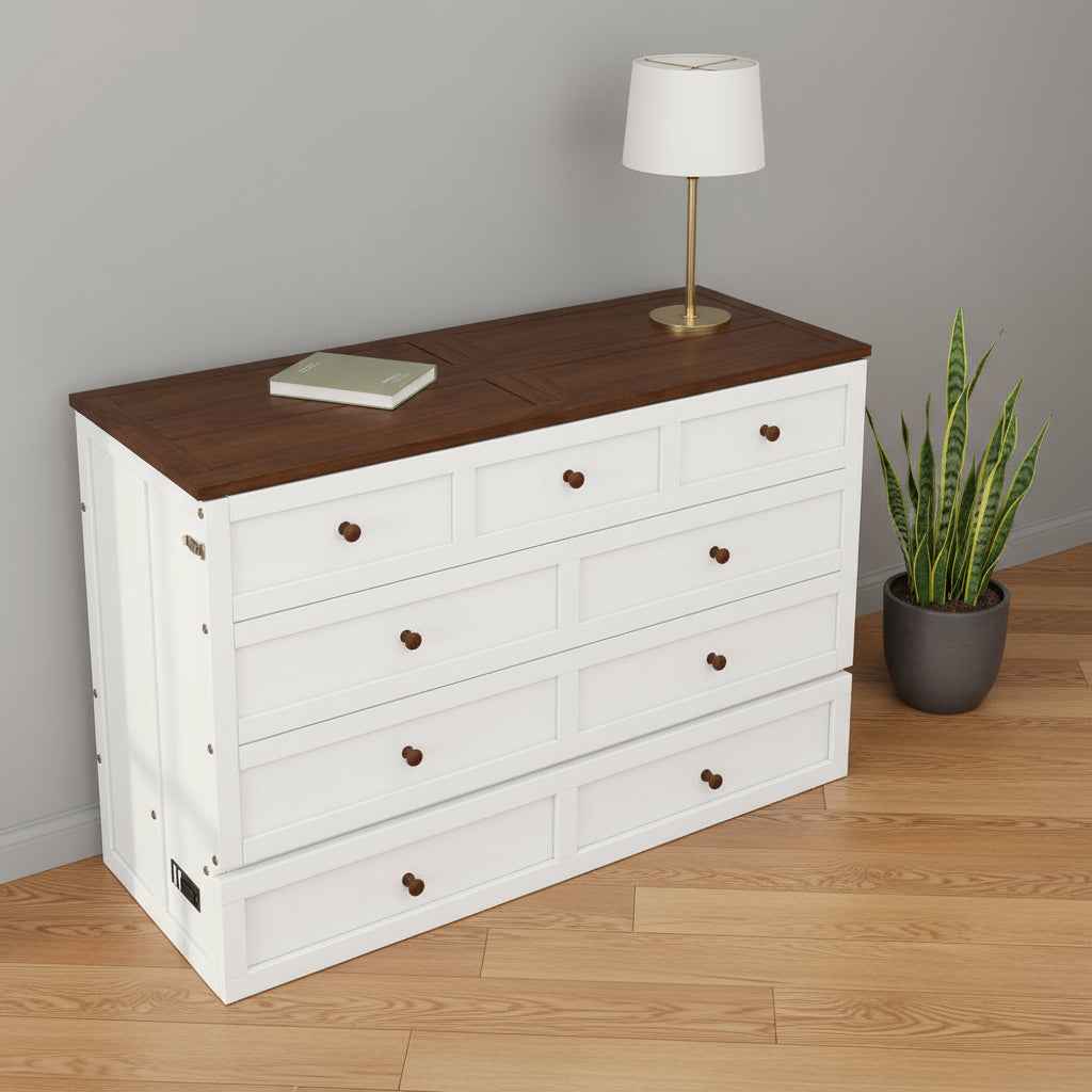 White Wood Full Murphy Bed With USB And Drawer