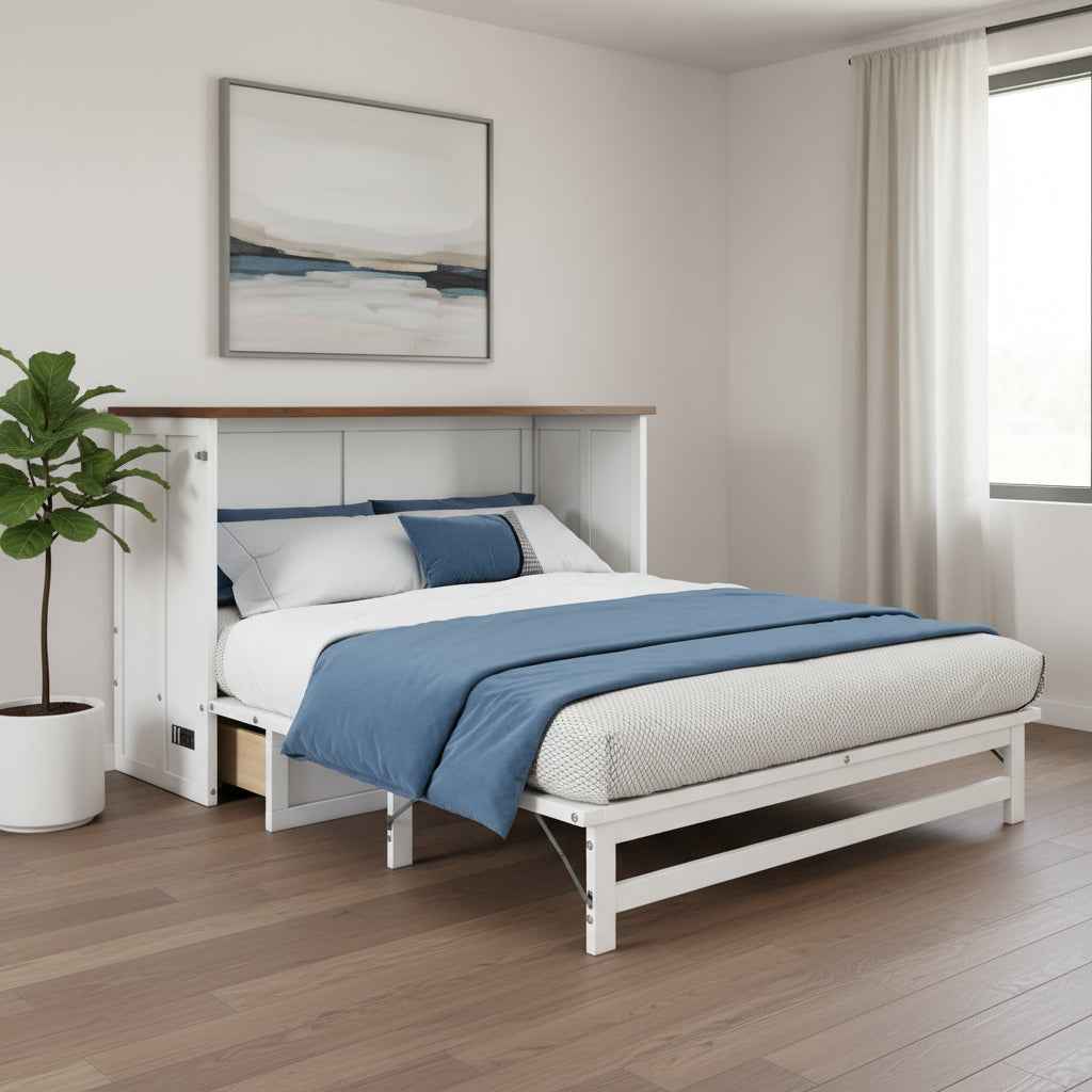 White Wood Queen Murphy Bed With USB And Drawer