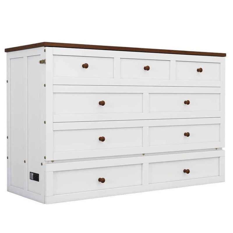 White Wood Queen Murphy Bed With USB And Drawer