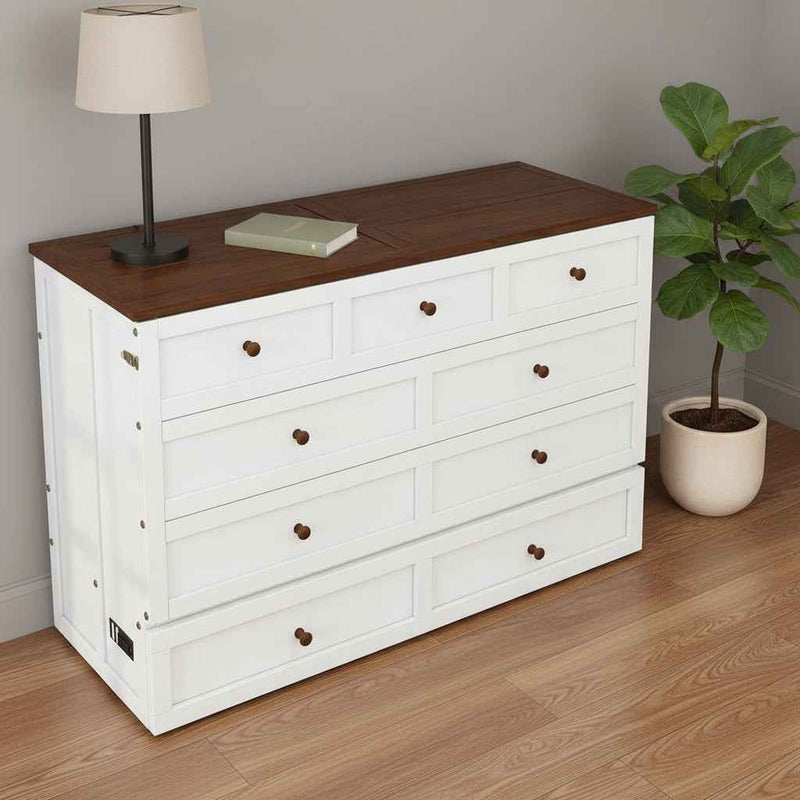 White Wood Queen Murphy Bed With USB And Drawer