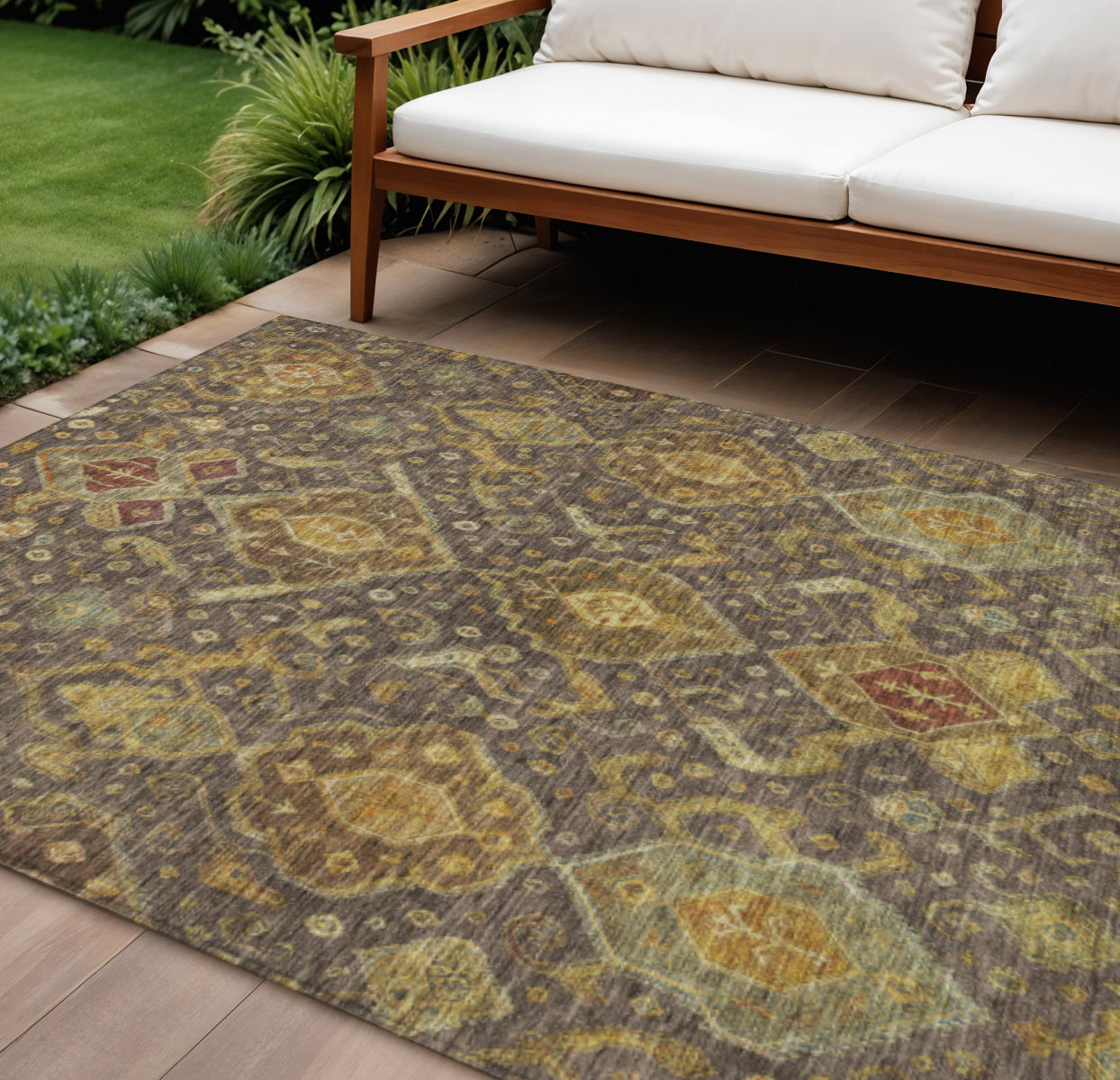10' X 14' Chocolate Gold And Burgundy Ikat Washable Indoor Outdoor Area Rug - Sports & Outdoor