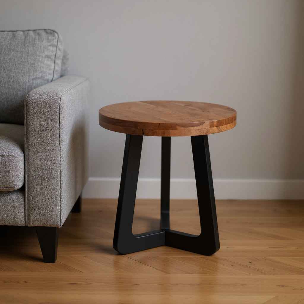 24" Brown and Black Solid Wood And Iron Round Cross Legs End Table