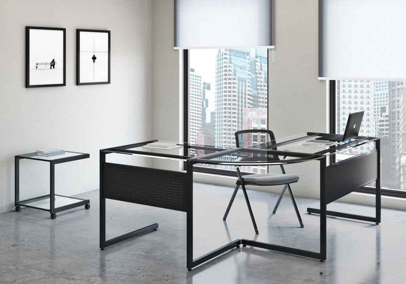 78" Clear and Black Glass and Metal Corner Computer Desk