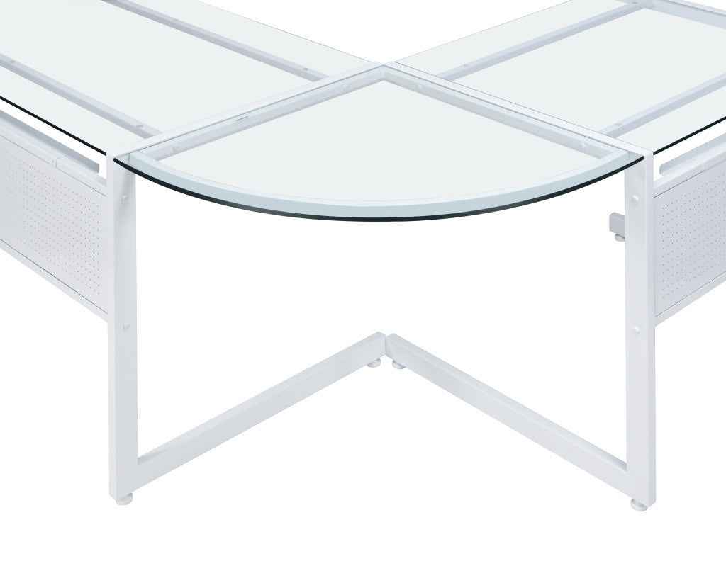 78" Clear and White Glass and Metal Corner Computer Desk