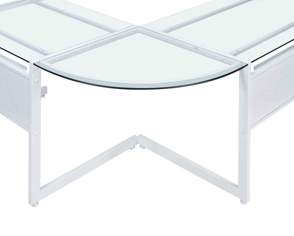 78" Clear and White Glass and Metal Corner Computer Desk