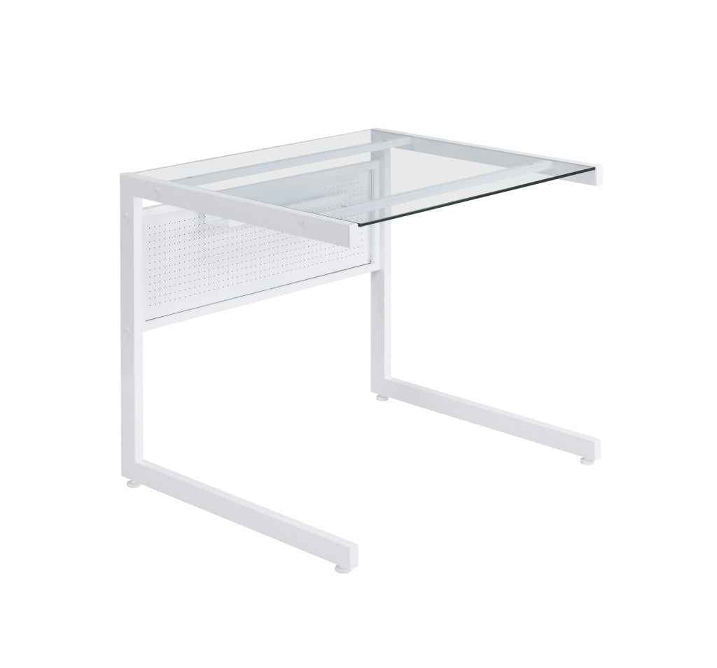 78" Clear and White Glass and Metal Corner Computer Desk