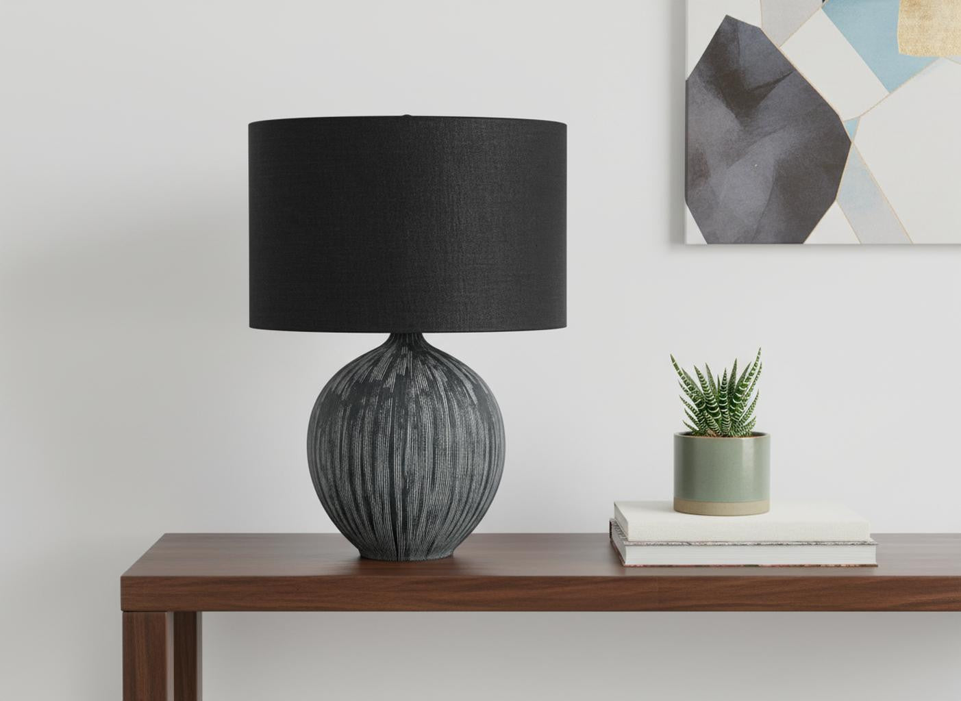 23" Black Ceramic Round Table Lamp With Black Drum Shade - Lighting