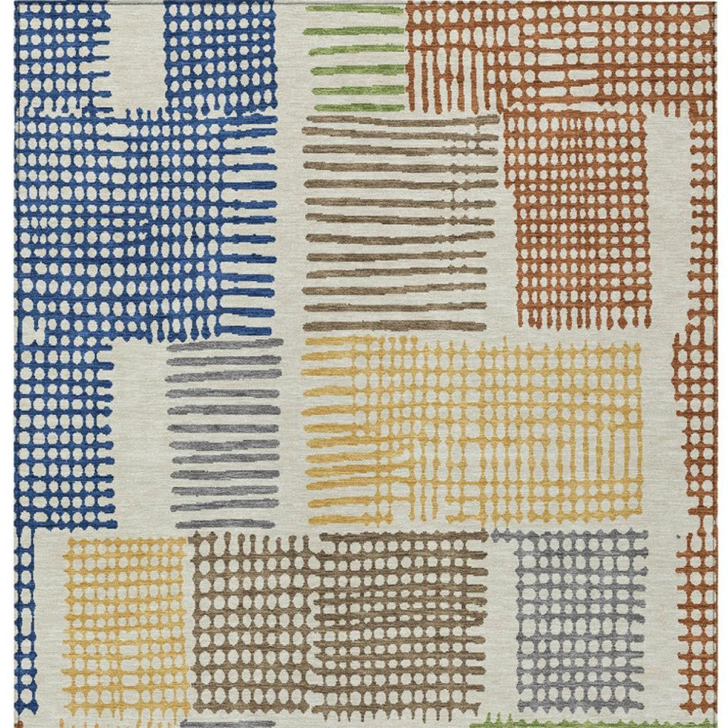 10' X 14' Beige Gold And Blue Geometric Washable Indoor Outdoor Area Rug - Sports & Outdoor