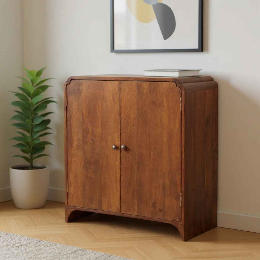 32" Chestnut Solid Wood Scallop Edge Accent Cabinet With Two Doors